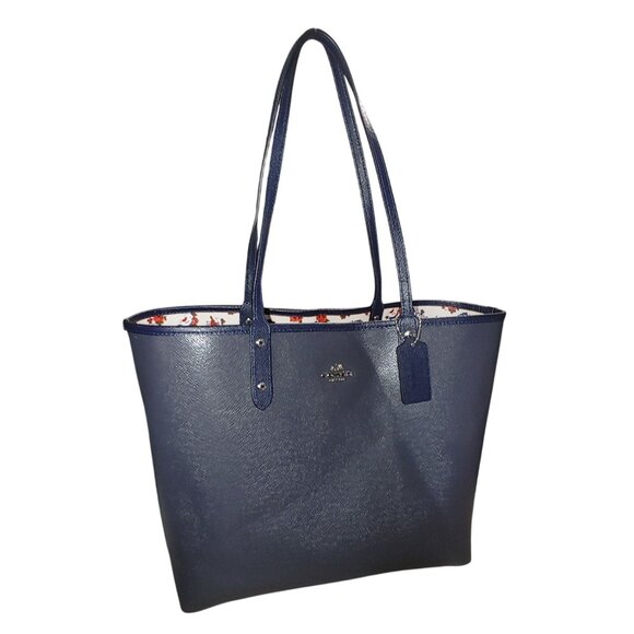 Coach Large City Tote Bag Tea Rose Navy Reversible Floral Print Interior Leather - Picture 1 of 14